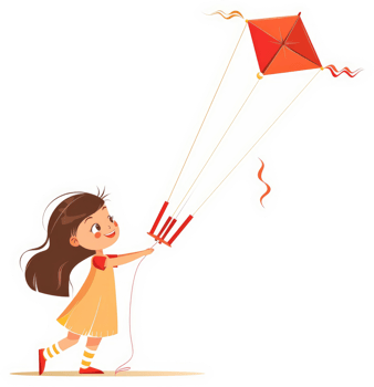 A young girl with a red kite in the sky. png