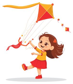 A happy girl joyfully flying a colorful kite. png