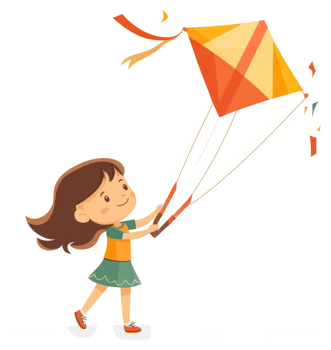 A young girl joyfully flying a vibrant kite in the wind. png
