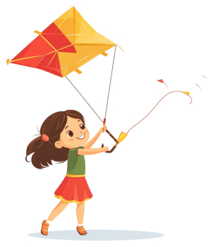 A young girl joyfully flying a colorful kite in the sky. png