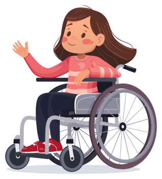 A friendly girl in a wheelchair, waving hello. png