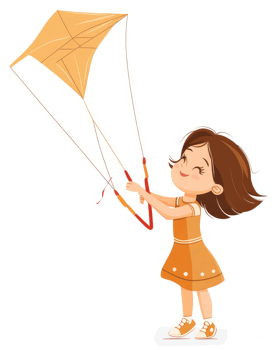 A young girl joyfully flying a beautiful kite in the sky. png