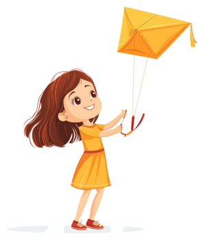 A cheerful girl enjoys flying a bright yellow kite. png