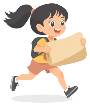 A young girl carrying a large item while running. png