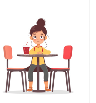 A young girl sits at a cafe table with a drink. png
