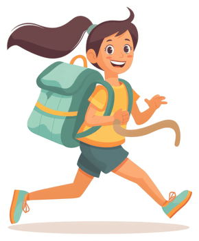 A cheerful girl with a backpack runs with enthusiasm. png
