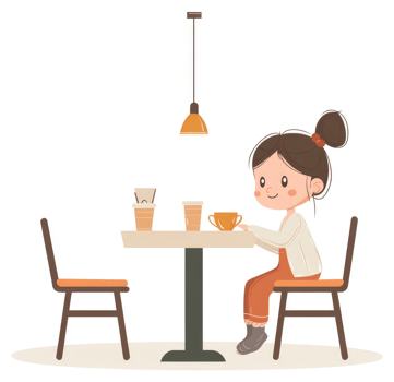 A young girl enjoys a coffee break at a cafe. png