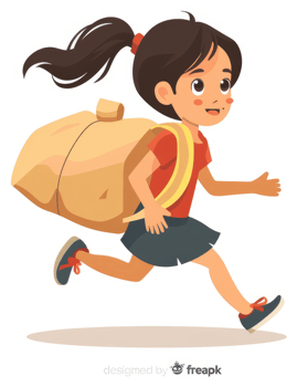A young girl with a backpack runs excitedly. png