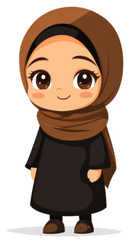 A cheerful cartoon illustration of a young muslim girl in hijab. png