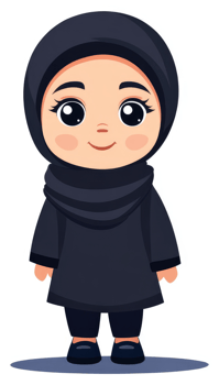 A cartoon illustration of a young muslim girl in traditional attire. png
