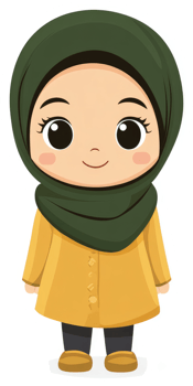 A cheerful cartoon girl in a hijab and yellow coat. png