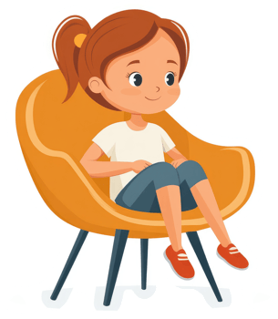 A young girl sits comfortably in an orange armchair. png