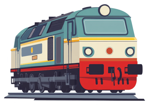 A colorful vintage diesel locomotive on railway tracks. png