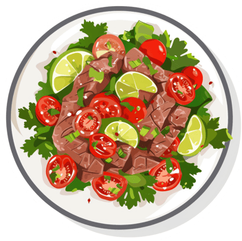 A vibrant plate of grilled beef salad with lime and cherry tomatoes. png