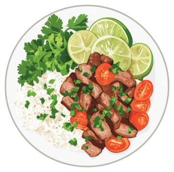 A plate of flavorful rice, seasoned beef, fresh cilantro, and lime wedges. png