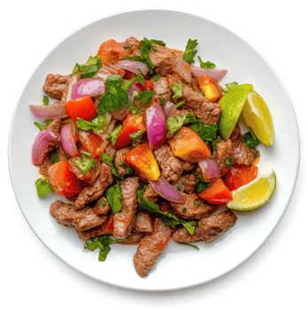 A plate of savory beef stir-fry with onions, tomatoes, and fresh herbs. png