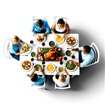 Group of People Dining Together Around Round Table Top View png