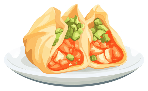Two savory, filled dumplings on a plate. png