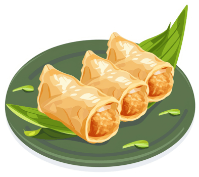 Three golden fried spring rolls on a dark green plate. png