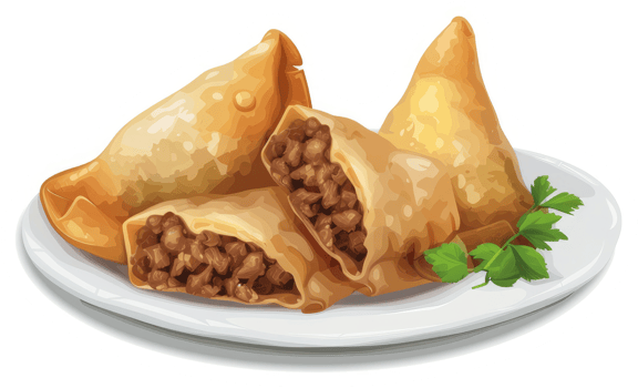 Crispy savory pastries filled with spiced meat on a plate. png