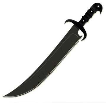 A detailed illustration of a dark gray and black, serrated blade. png