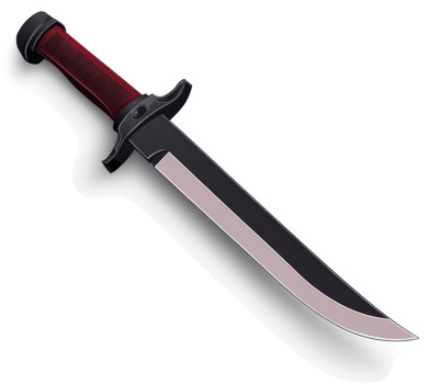 A depiction of a long, black tactical knife with a reddish-maroon handle. png