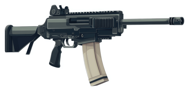 A stylized illustration of a modern assault rifle. png