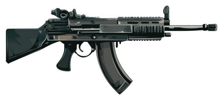 A depiction of a stylized, dark-gray assault rifle. png