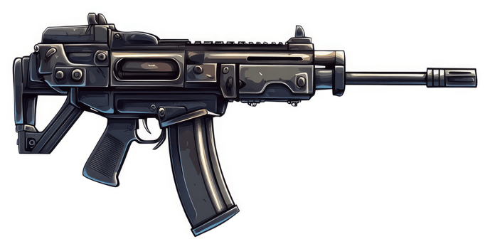 A side profile view of a stylized assault rifle. png