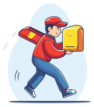 A cheerful delivery person carries a package on their back. png