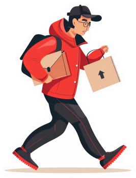 A fast food delivery person in a red jacket, carrying packages. png