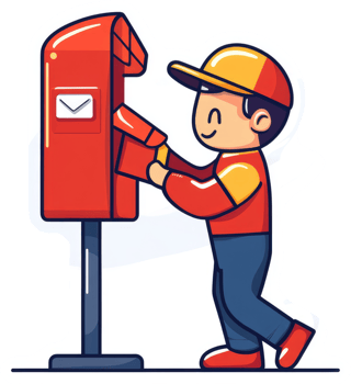A friendly delivery person placing a letter in a red mailbox. png