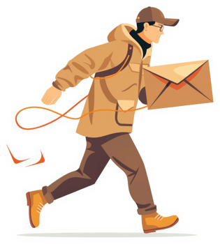 A delivery person in a tan coat running with a package. png