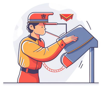 A postal worker interacting with a mail sorting machine. png