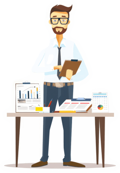 Businessman reviewing reports and data on a desk. png