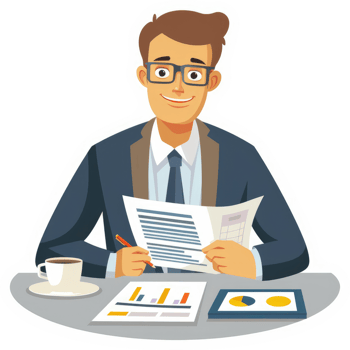 A businessman sits at a desk reviewing documents and financial reports. png