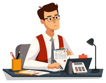 A businessman at his desk working on paperwork and reports. png