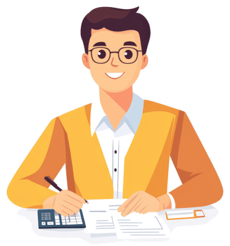A man in a yellow jacket working on documents with a calculator. png