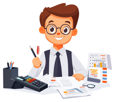 A young businessperson meticulously reviews financial documents. png