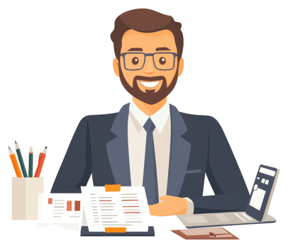 A smiling businessman sits at his desk, surrounded by documents and a calculator. png