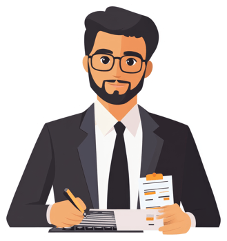 A businessman in a suit, wearing glasses and a beard, is working on documents. png