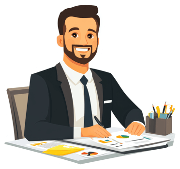 A businessman reviewing financial data at his desk. png