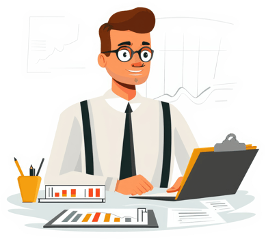 A businessman working at his desk with charts and documents. png