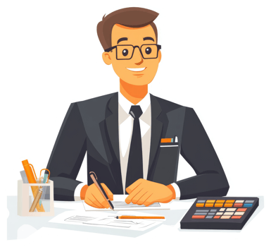 A businessman in a suit, working at a desk with documents and a calculator. png