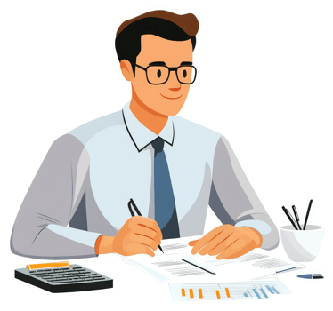 A businessman is diligently working on documents at his desk. png