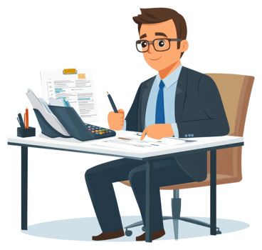 A businessman sits at a desk, reviewing financial documents. png