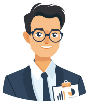 A smiling businessman in a suit holding a clipboard with charts. png