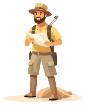 A bearded explorer studies a map, ready for adventure. png