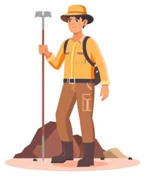 A cheerful explorer stands amidst rugged terrain, holding a hiking pole. png