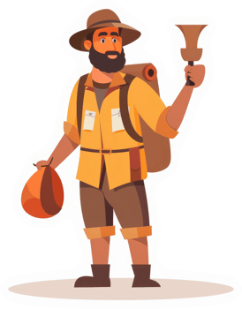 A bearded explorer with a backpack and a bell, ready for adventure. png